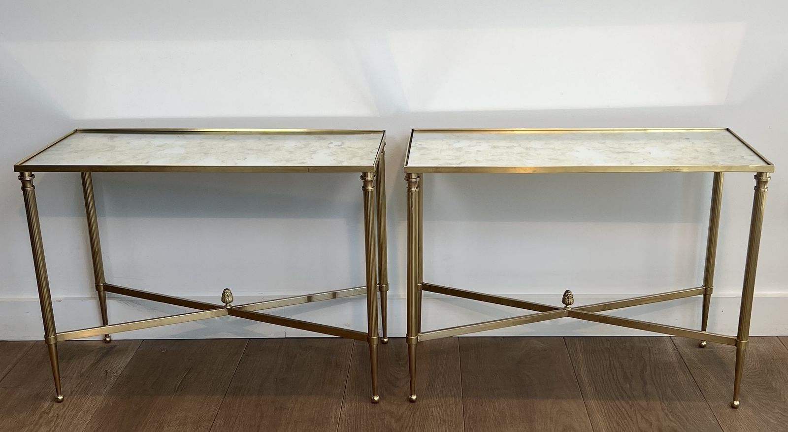 Pair Of Antique Brass Mirror Top End Tables From Maison Jansen photo for sale