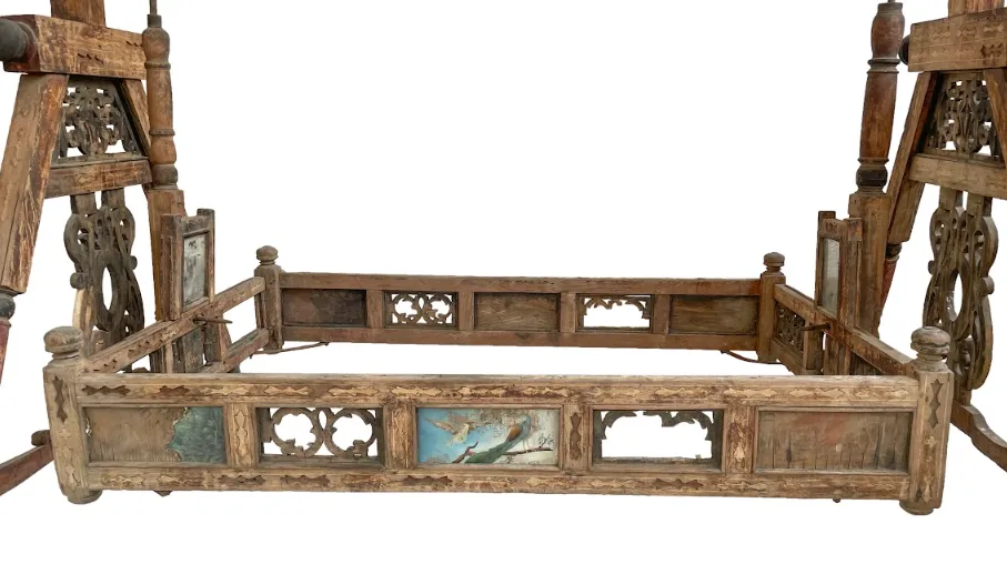 1930s Antique Teakwood Baby Cradle Swing – Handcrafted Kutch Heirloom With Painted Panels photo Home Decor