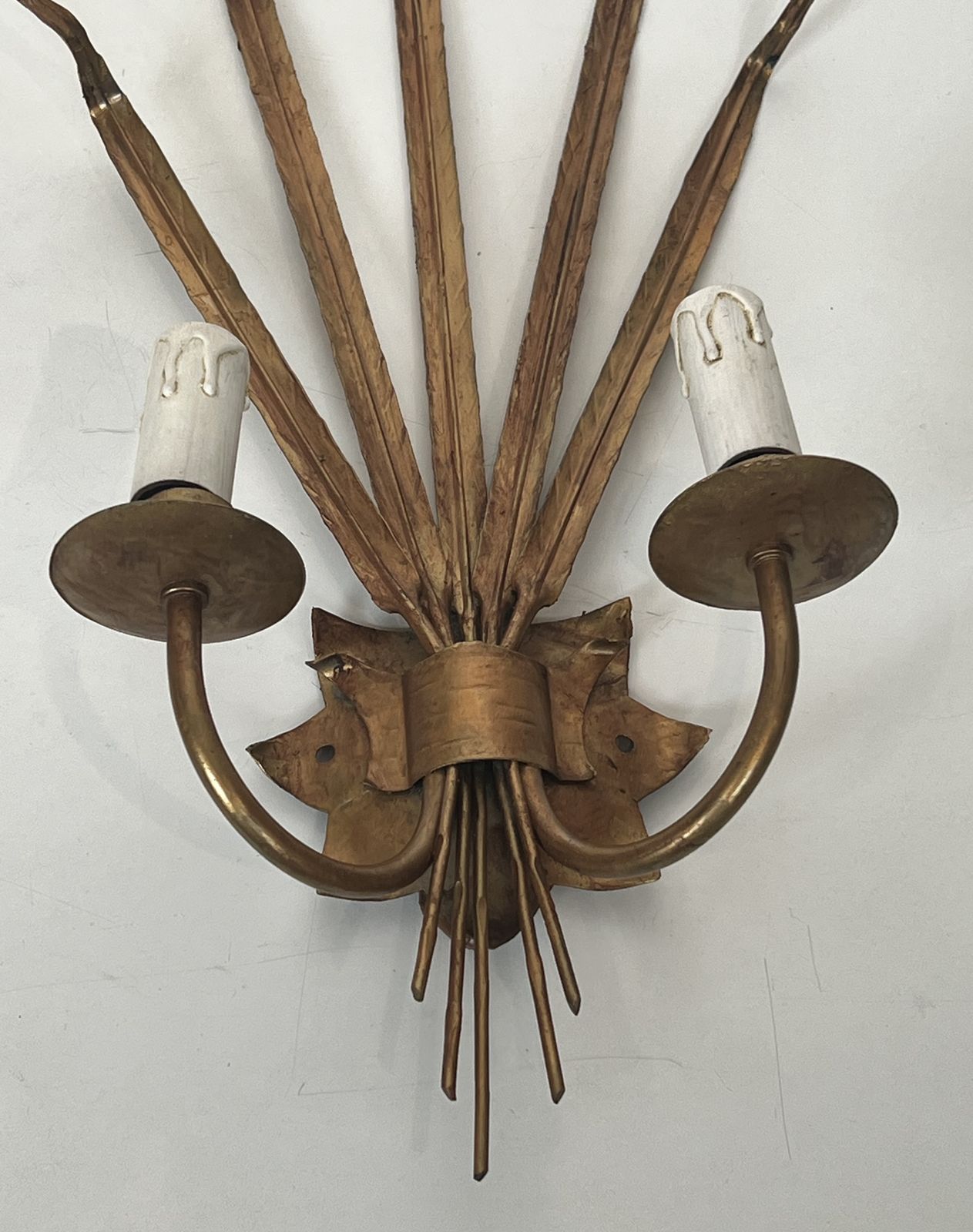 Pair Of Golden Sconces With Ears Of Wheat In The Style Of Coco Chanel photo vintage