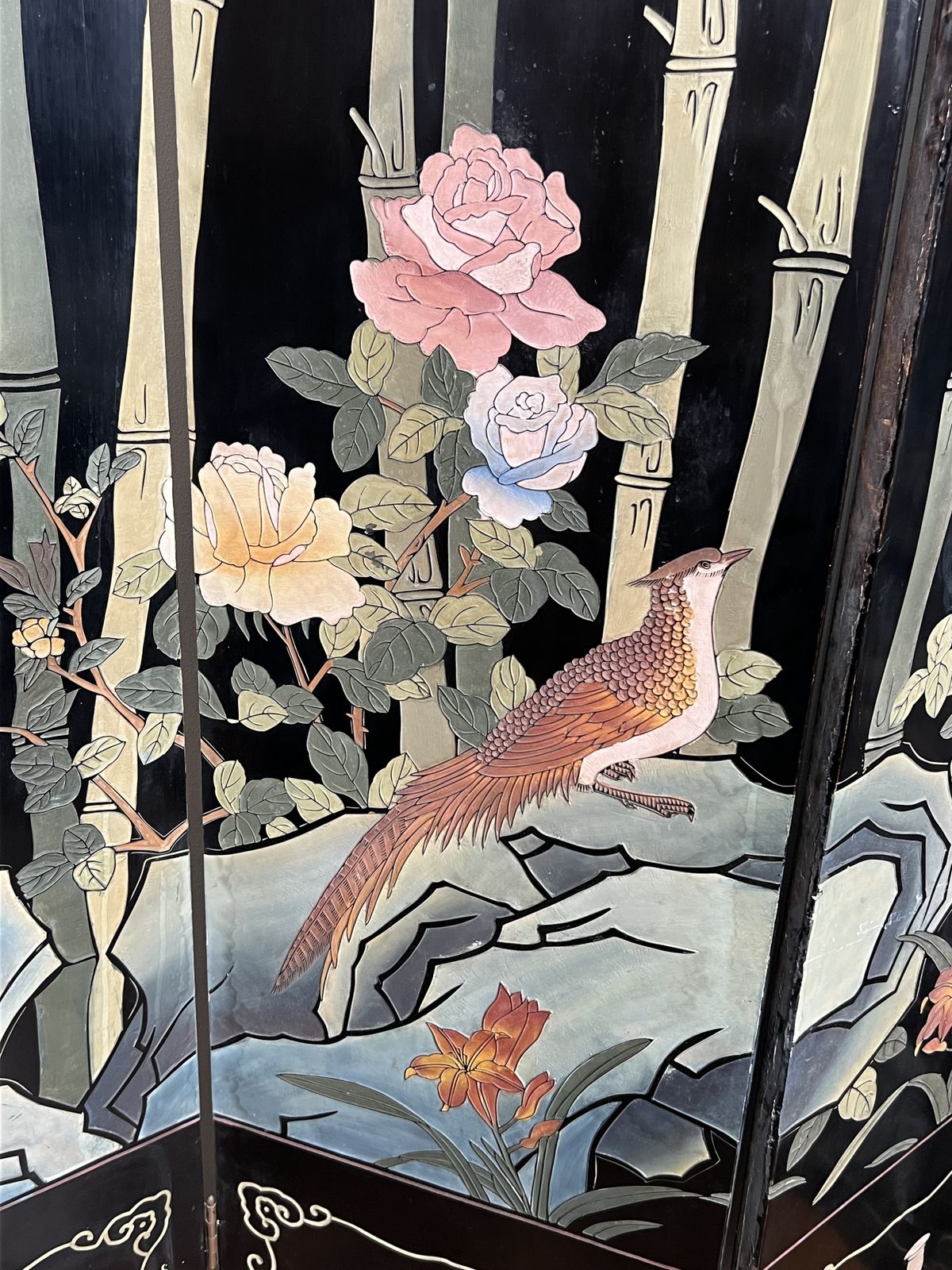 Chinese Lacquer Screen With Bird And Bamboo Decorations. Chinese Work. Circa 1950 photo vintage