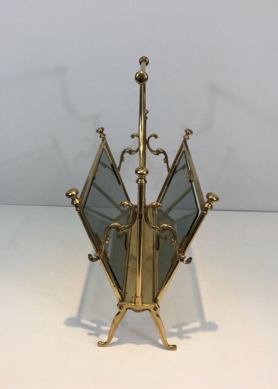 Neoclassical Magazine Rack In Brass And Blue Glass photo for sale