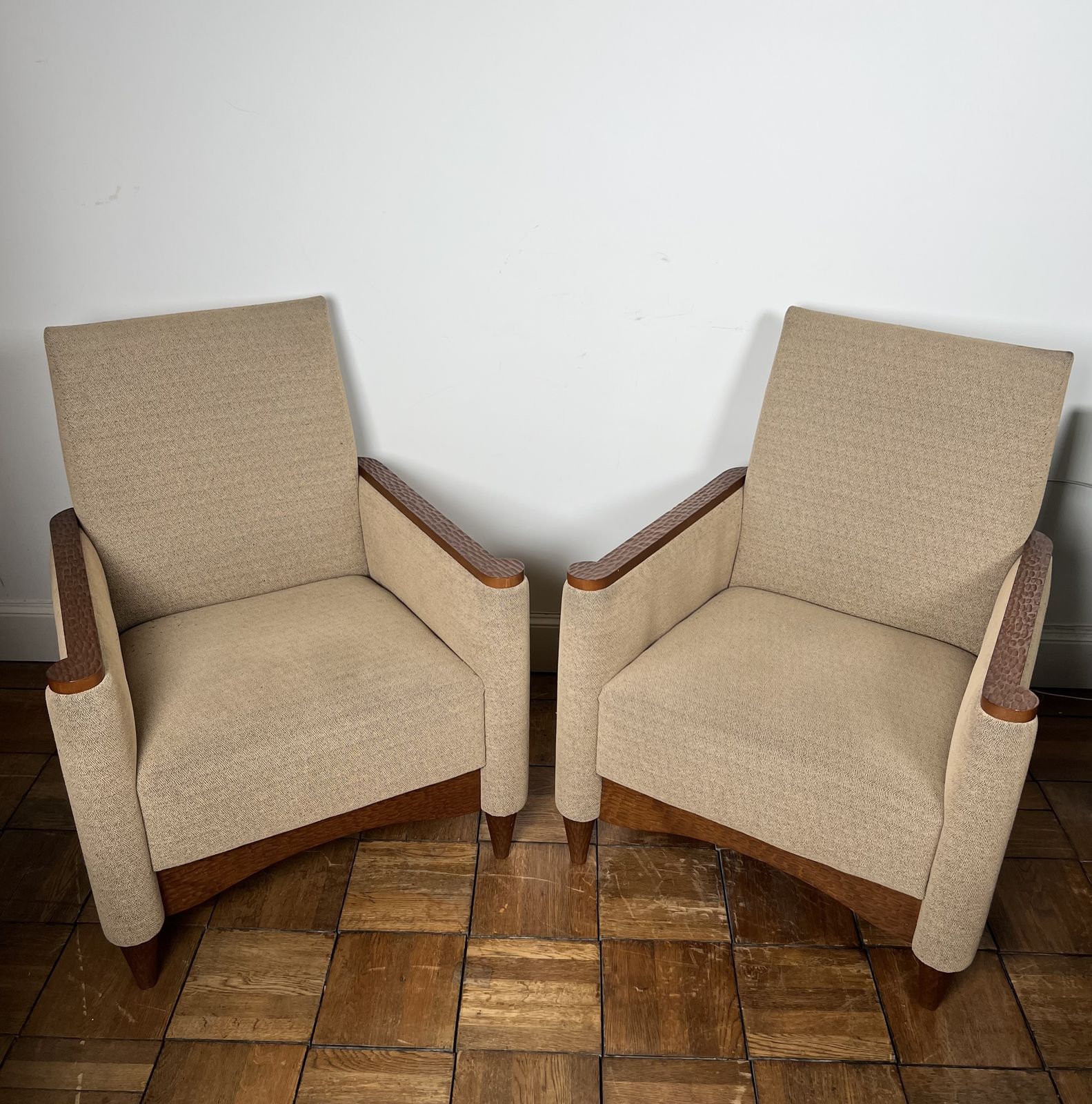 Pair Of Armchairs In Gouged Wood And Mottled Fabric