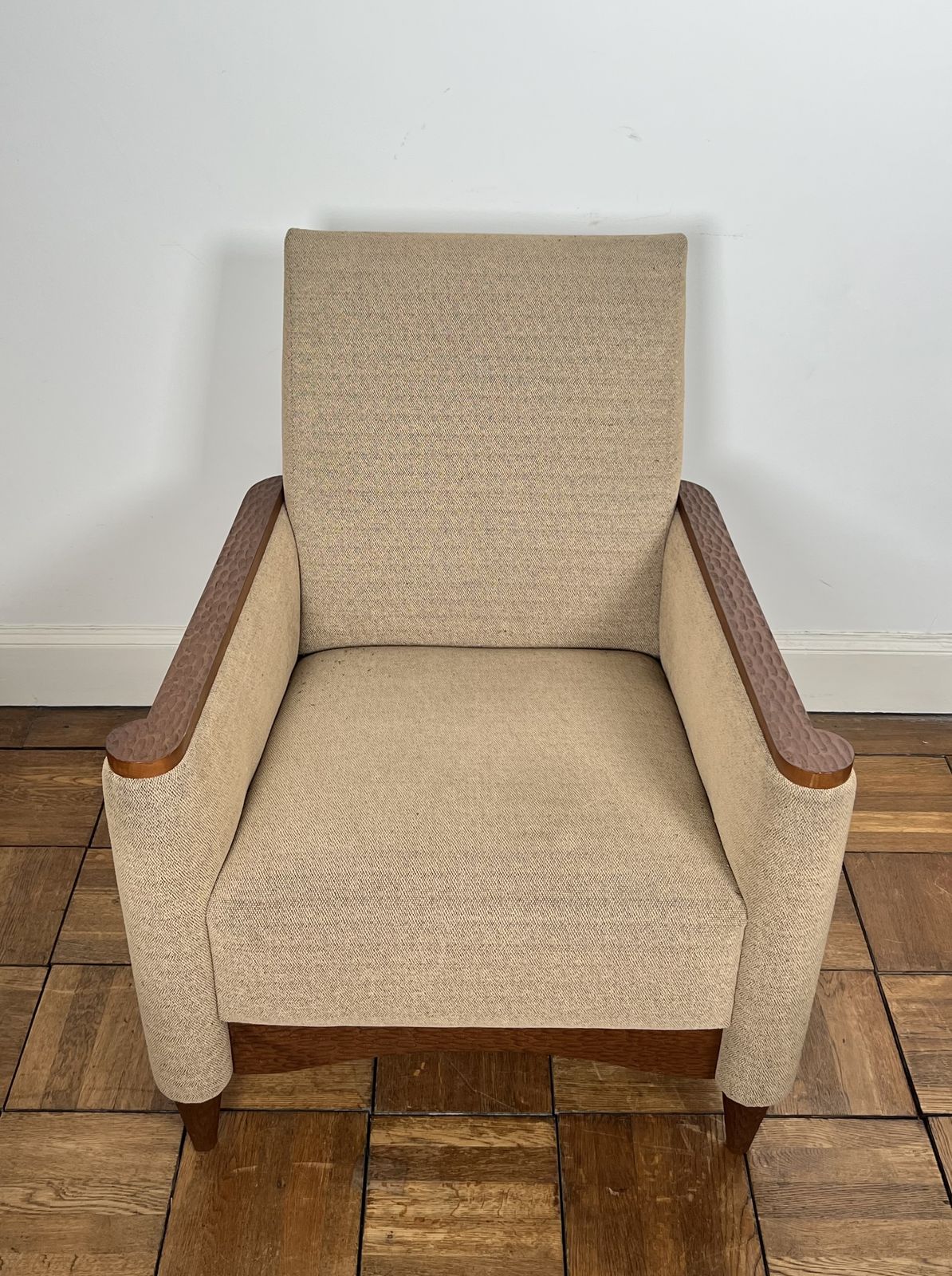 Pair Of Armchairs In Gouged Wood And Mottled Fabric photo Furniture