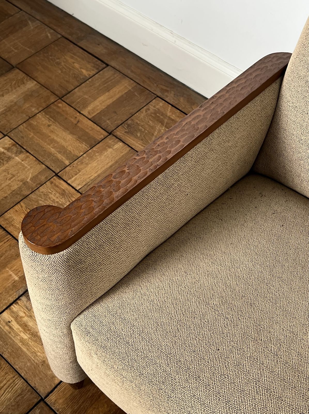 Pair Of Armchairs In Gouged Wood And Mottled Fabric photo vinterior