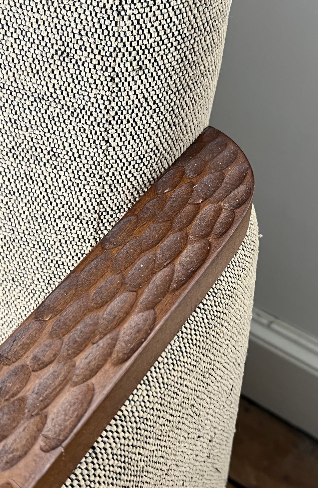 Pair Of Armchairs In Gouged Wood And Mottled Fabric photo vintage
