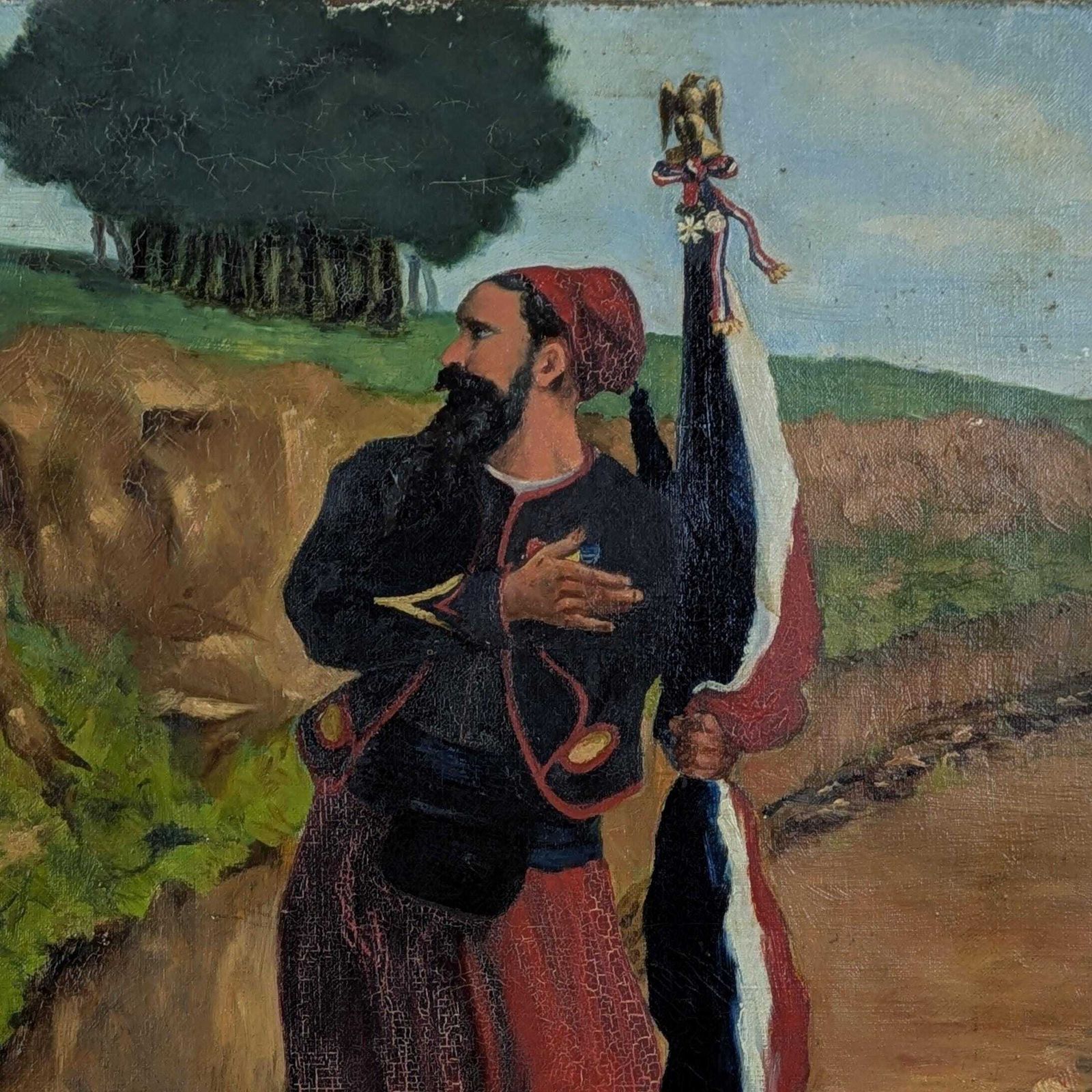 French Zouave Soldier Painting Antique Military Art Circa 1900 Collectible Wall Hanging, Old Gallery Wall Art, Rustic Militaria Folk Art photo furniture