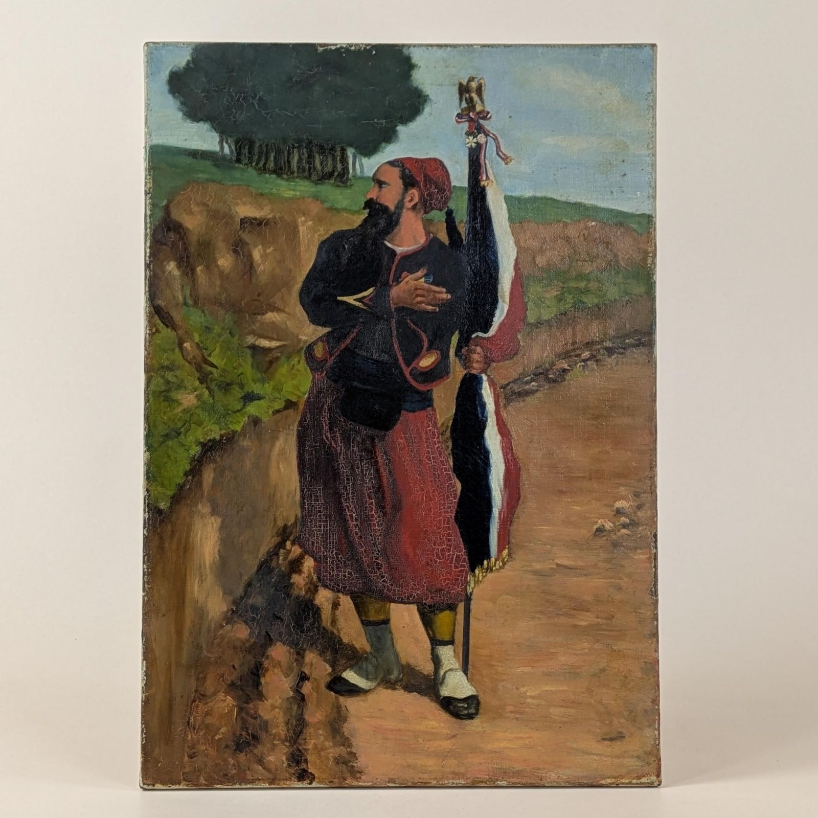 French Zouave Soldier Painting Antique Military Art Circa 1900 Collectible Wall Hanging, Old Gallery Wall Art, Rustic Militaria Folk Art photo Art