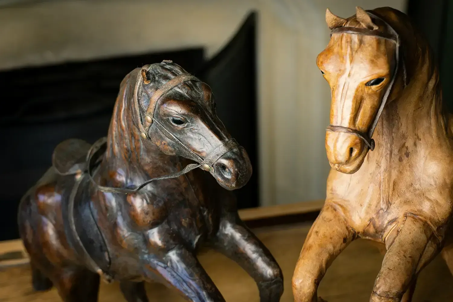 Pair Of 19th Century French Leather Horse Sculptures In Dynamic Rearing Pose photo buy