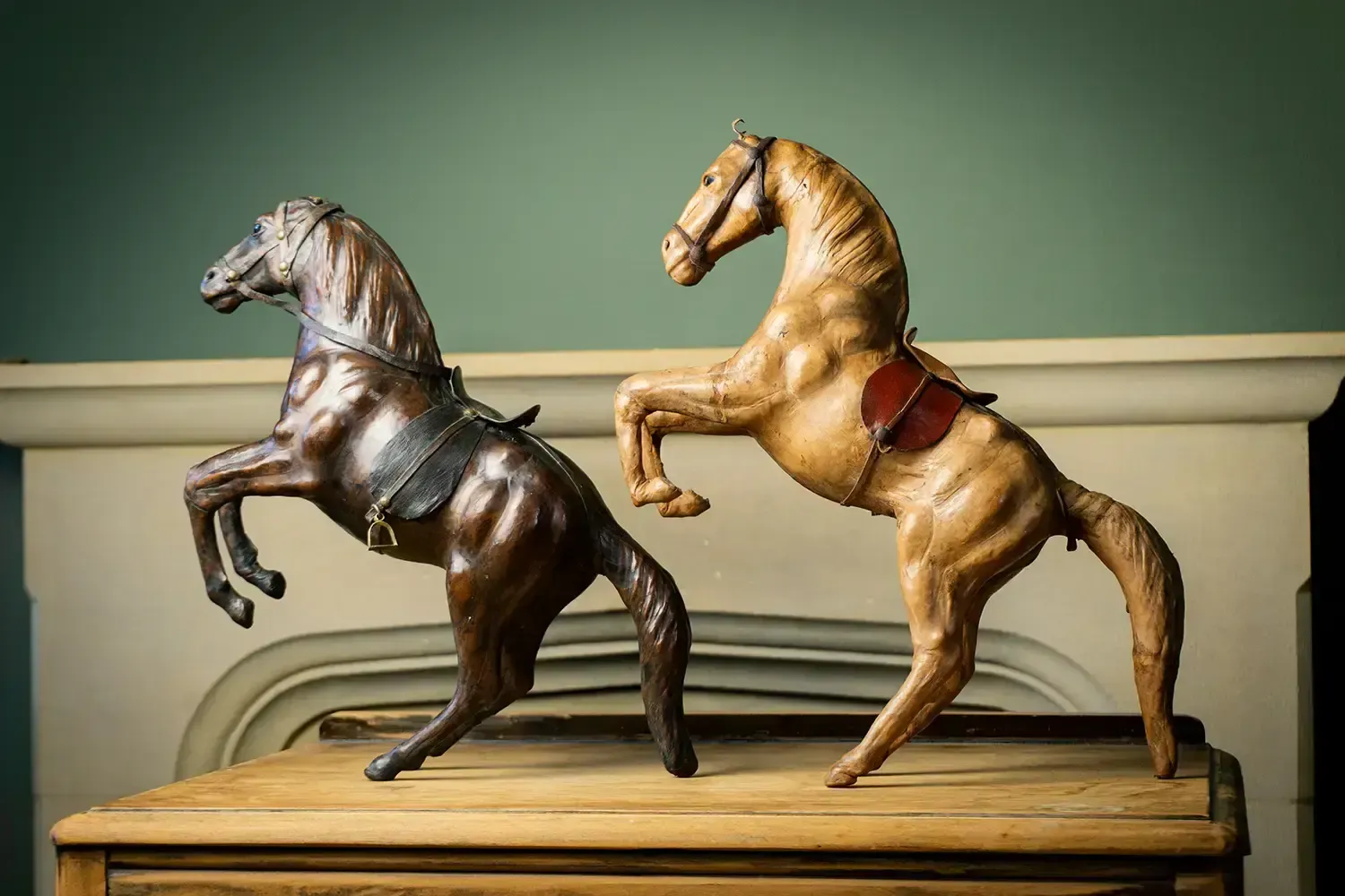 photo furniture Pair Of 19th Century French Leather Horse Sculptures In Dynamic Rearing Pose