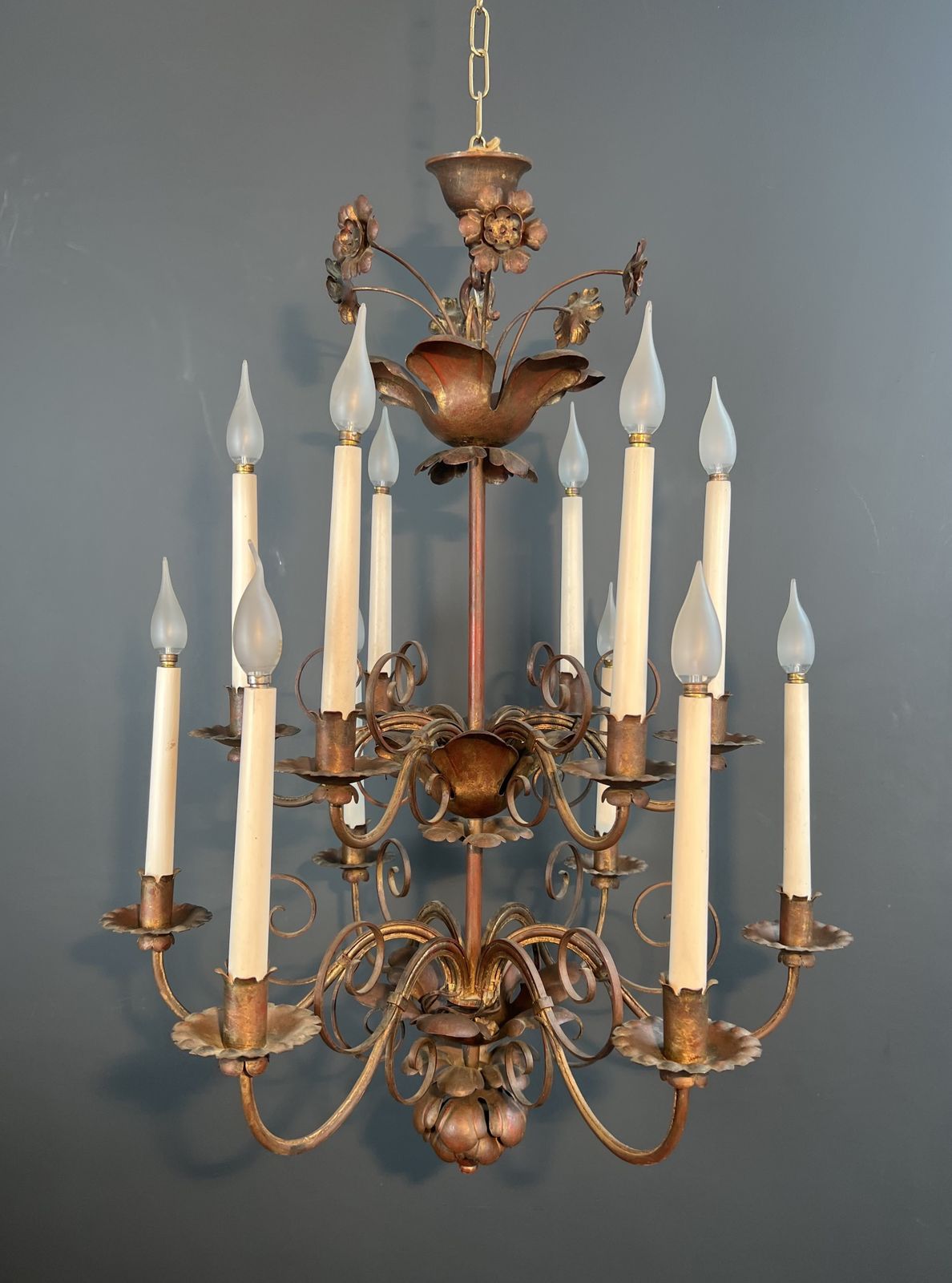 Important 2 Tier Gold Metal Chandelier With 12 Light Arms In The Style Of Maison Baguès