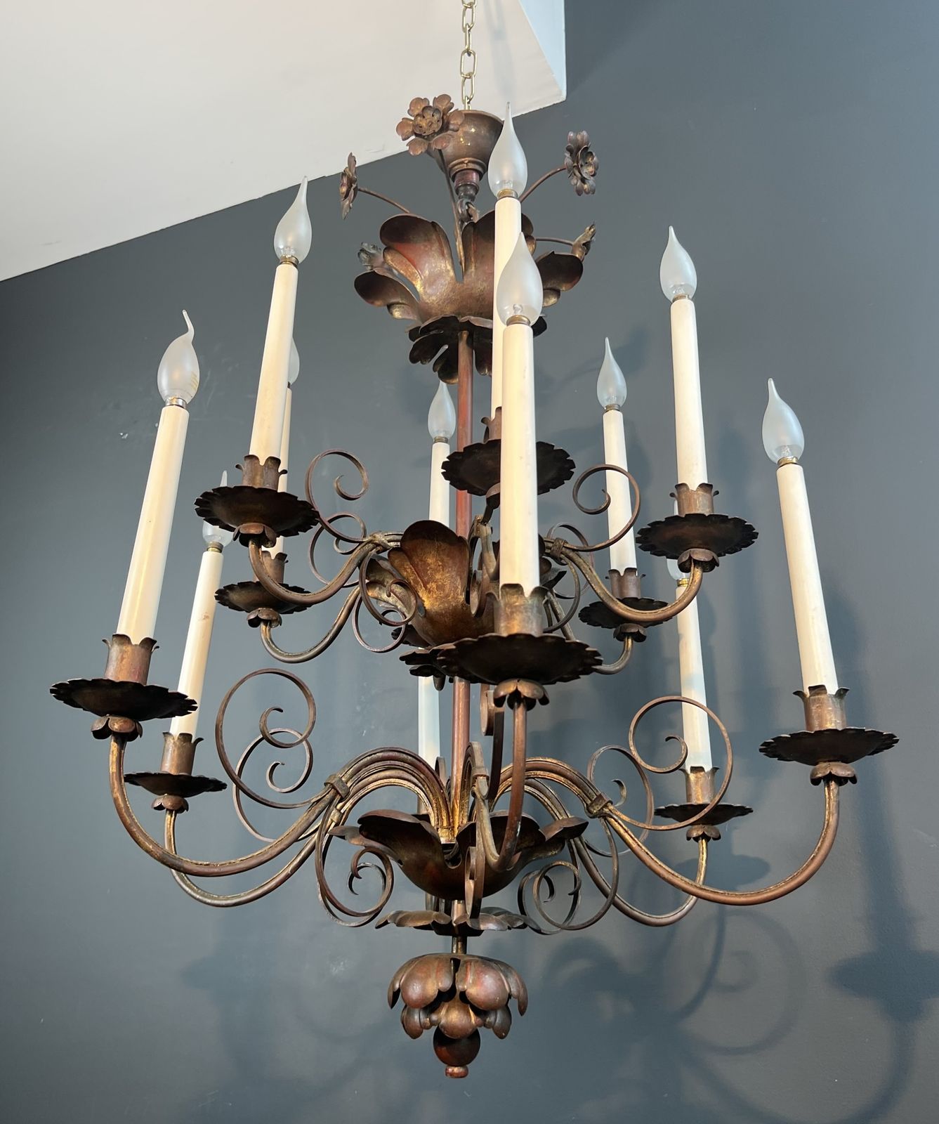 Lighting Important 2 Tier Gold Metal Chandelier With 12 Light Arms In The Style Of Maison Baguès photo