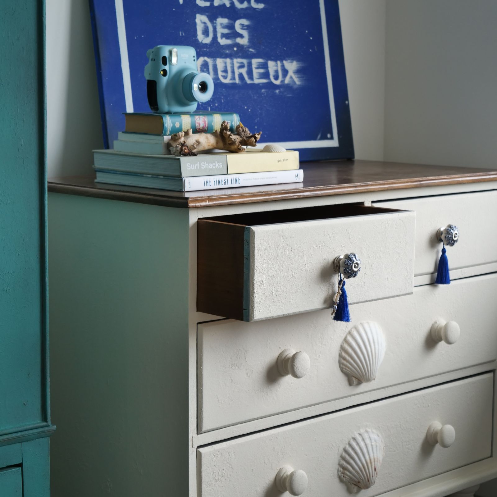 Unique Scallop Chest Of Drawers, Nautical White Cabinet, Blue Ceramic Knobs, Hand Painted With Love photo 250.0