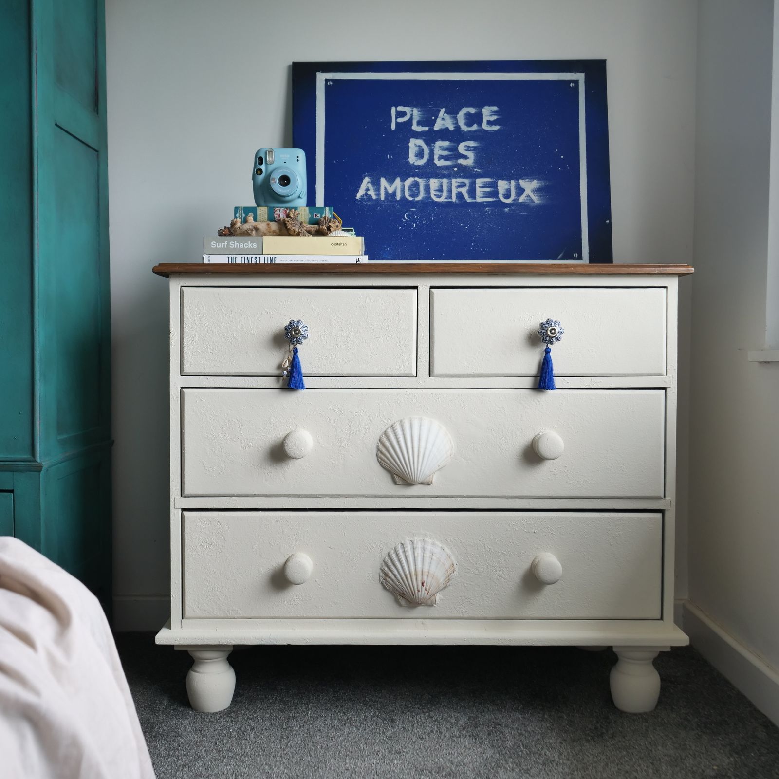 Unique Scallop Chest Of Drawers, Nautical White Cabinet, Blue Ceramic Knobs, Hand Painted With Love