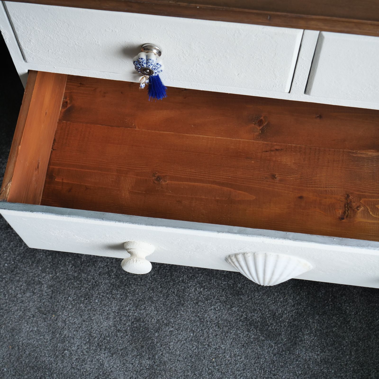 Unique Scallop Chest Of Drawers, Nautical White Cabinet, Blue Ceramic Knobs, Hand Painted With Love photo Furniture