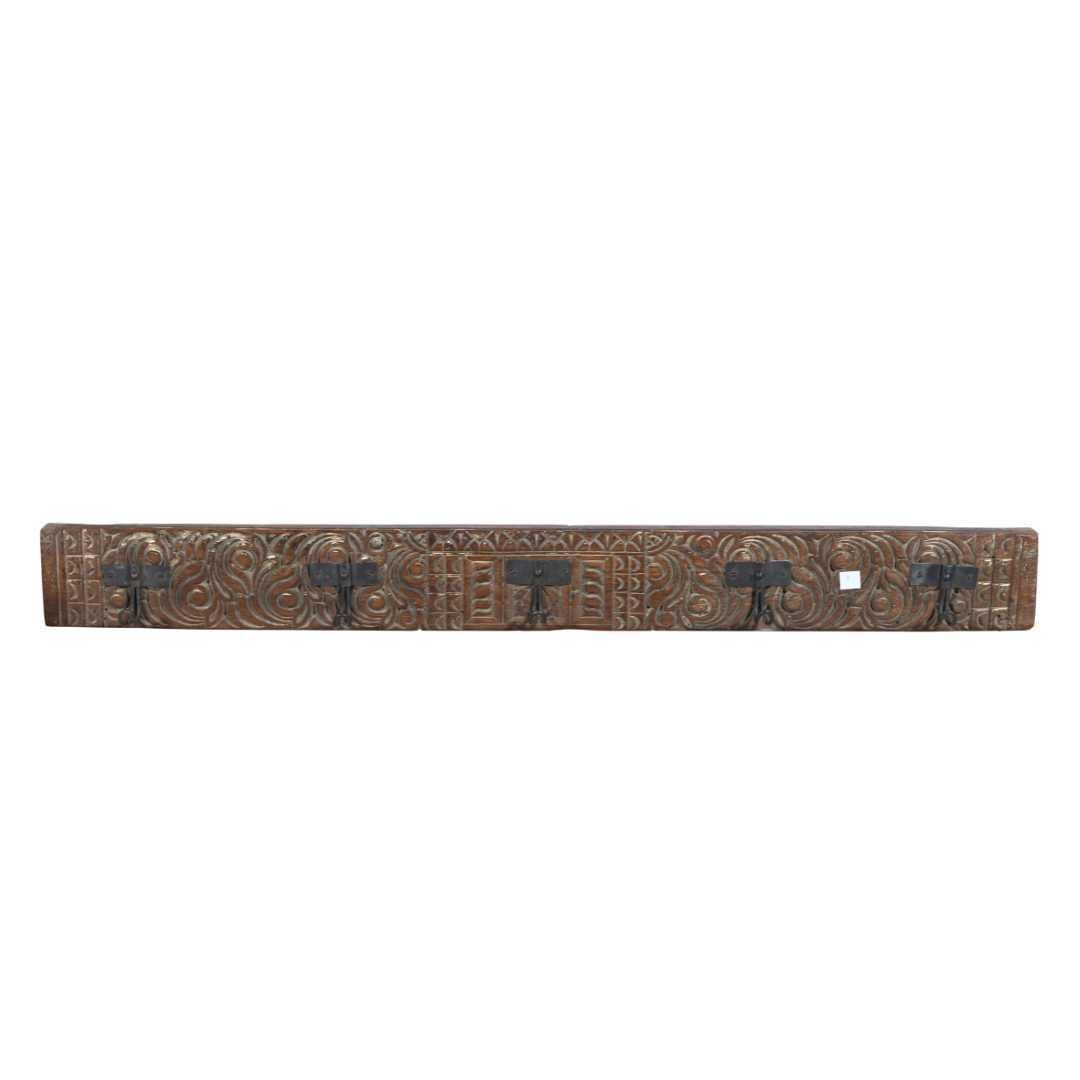 Antique Golden Walnut Teak & Black Iron Coat Hook Panel, Vintage Indian Carved Wall Rack, 127cm photo furniture