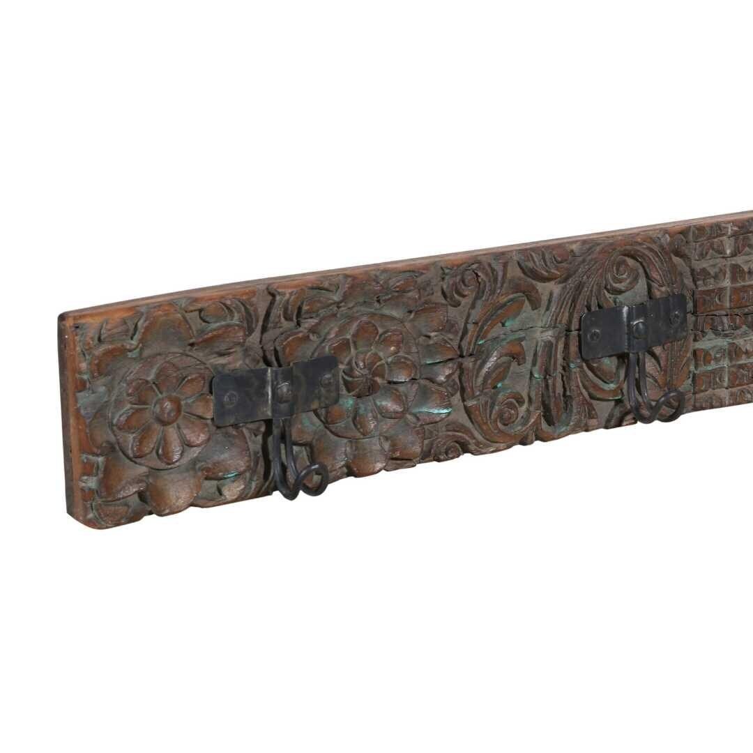 Antique Verdigris & Chestnut Teak Coat Hook Panel, Vintage Indian Carved Wall Rack, 115cm photo for sale