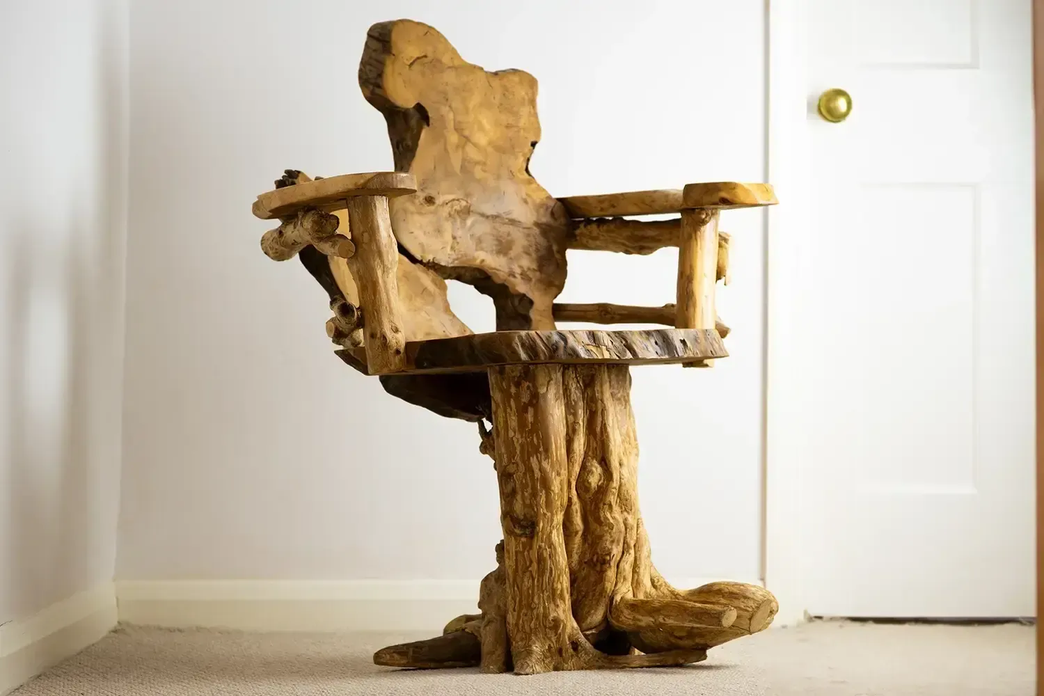 Sculptural 1980s Teak Root Chair – Organic Handmade Armchair, Naive Rustic Construction photo furniture