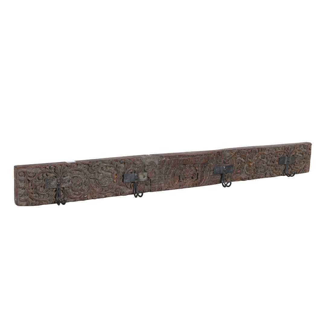 Antique Rosewood & Charcoal Teak Coat Hook Panel, Vintage Indian Carved Wall Rack, 120cm