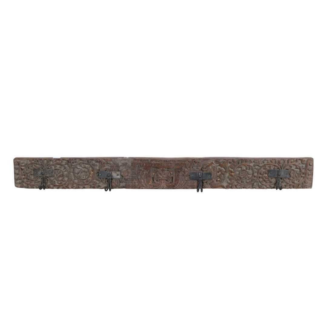 Antique Rosewood & Charcoal Teak Coat Hook Panel, Vintage Indian Carved Wall Rack, 120cm photo furniture