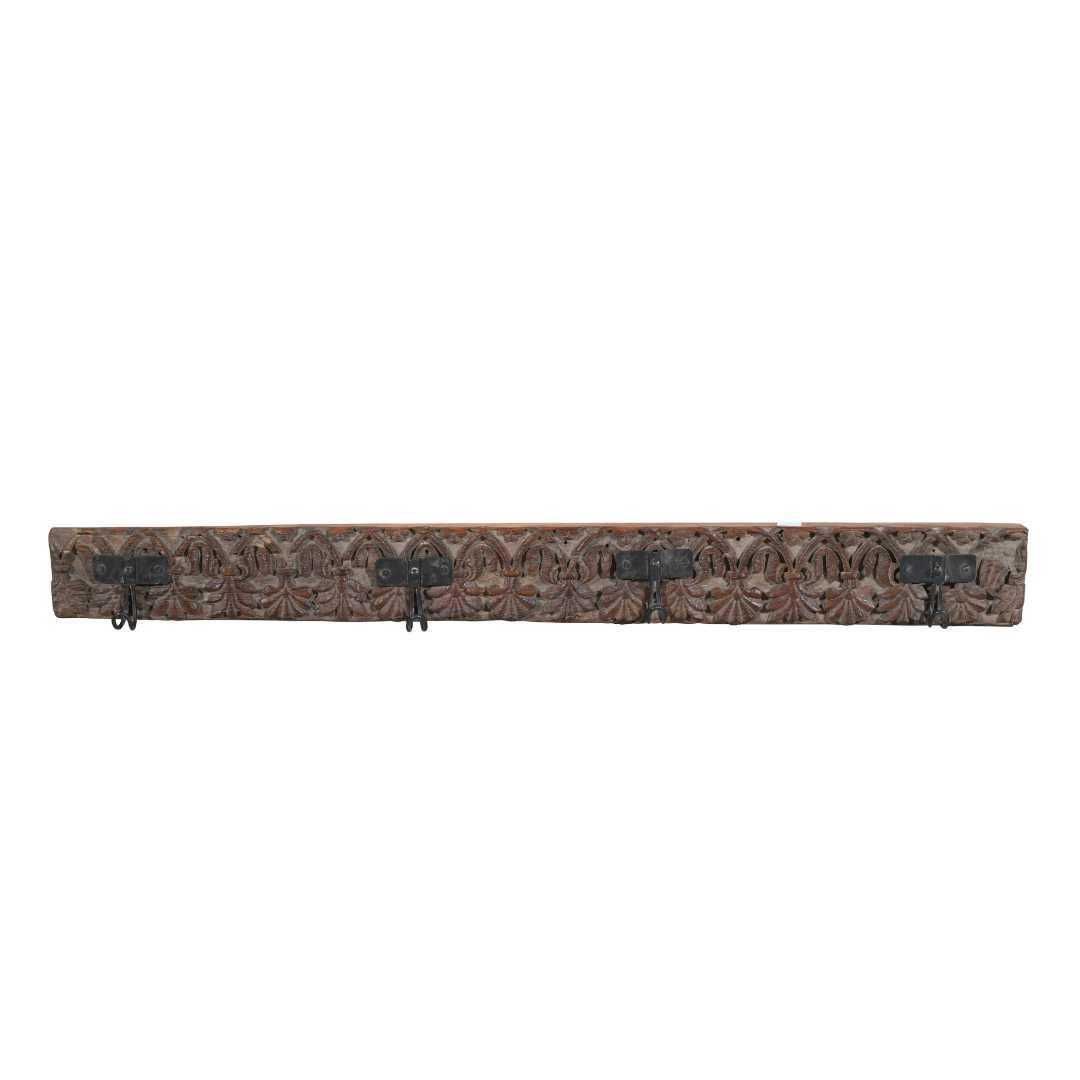 Antique Weathered Grey Brown Teak & Iron Coat Hook Panel, Vintage Indian Carved Wall Rack, 108cm photo for sale