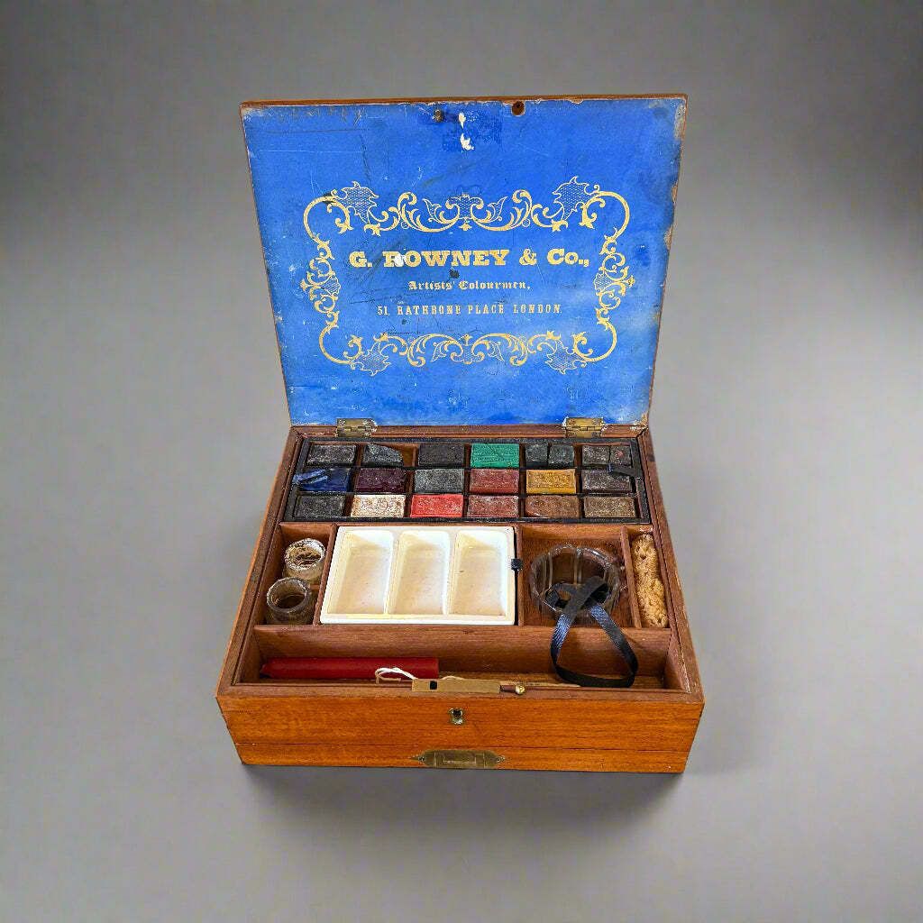 19th Century Mahogany Artist's Paint Box By G Rowney & Co Of London Containing Original Content And Paint Cakes