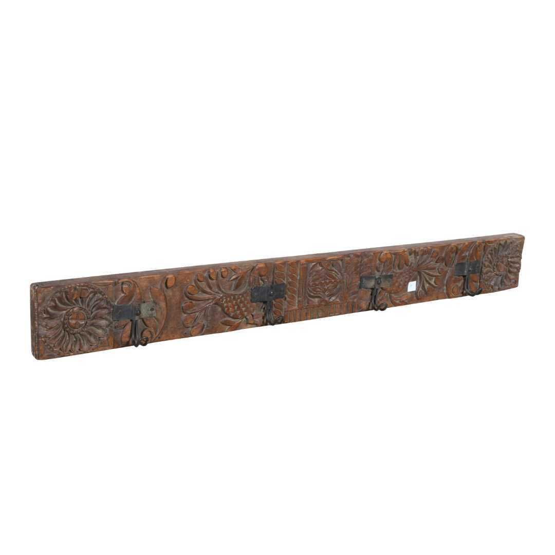 Antique Rustic Coffee Teak & Black Iron Coat Hook Panel, Vintage Indian Carved Wall Rack, 122cm