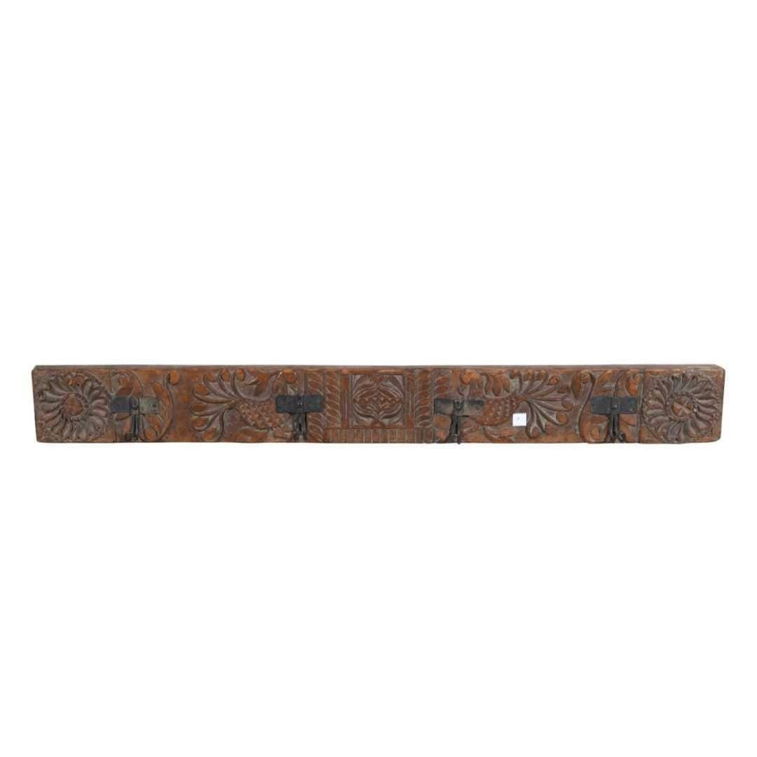 Antique Rustic Coffee Teak & Black Iron Coat Hook Panel, Vintage Indian Carved Wall Rack, 122cm photo furniture