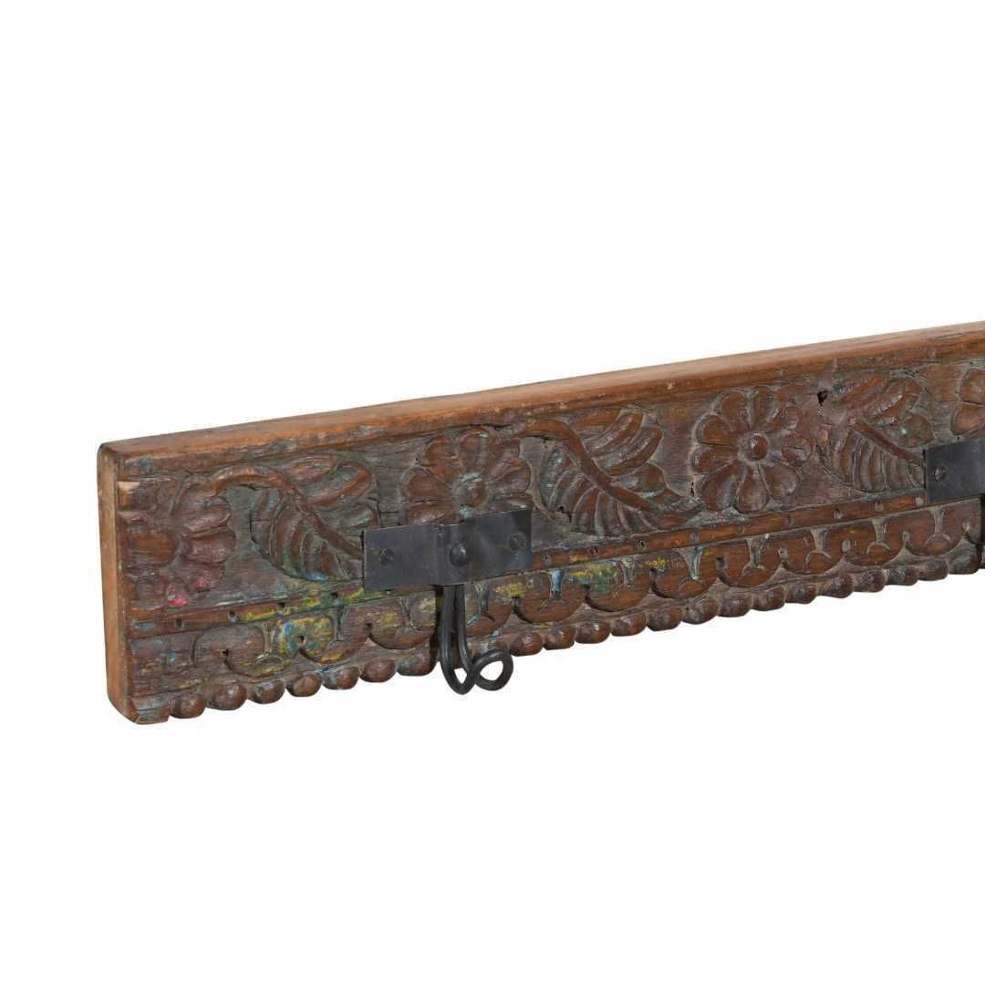 Antique Rustic Rosewood Teak & Black Iron Coat Hook Panel, Vintage Indian Carved Wall Rack, 118cm photo for sale