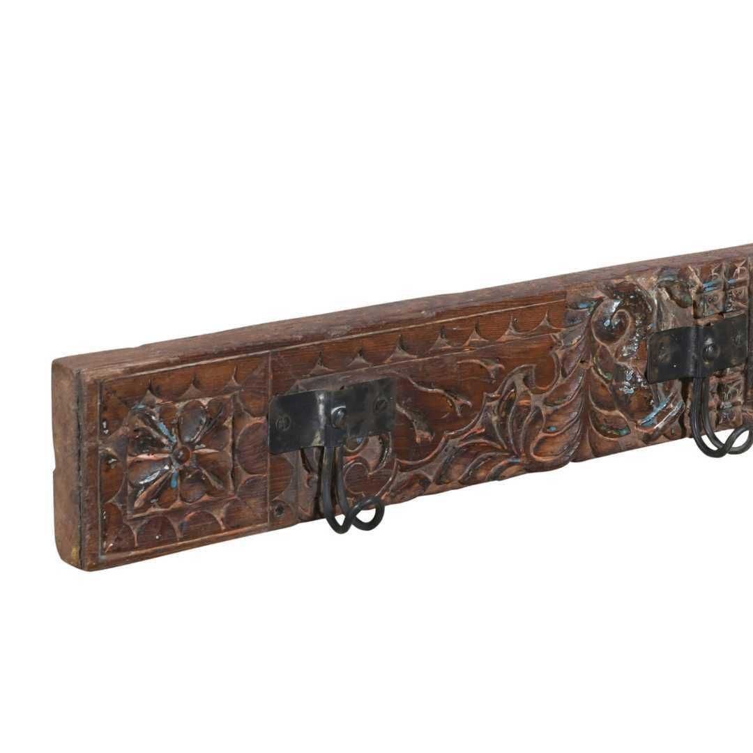 Antique Chestnut Brown Teak & Black Iron Coat Hook Panel, Vintage Indian Carved Wall Rack, 119cm photo for sale