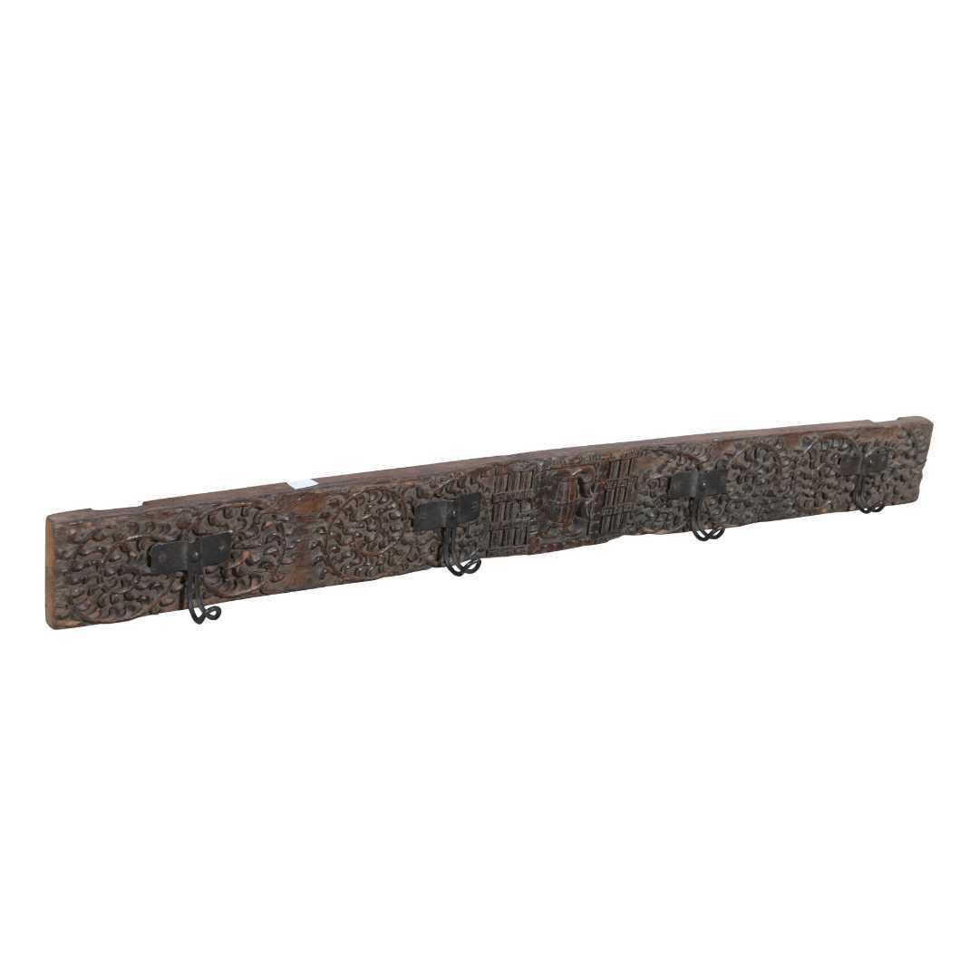 Antique Ebony Brown Teak & Black Iron Coat Hook Panel, Vintage Indian Carved Wall Rack, 116cm