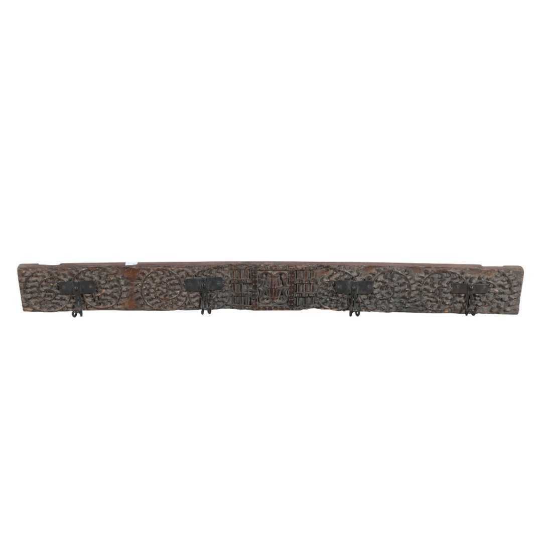 Antique Ebony Brown Teak & Black Iron Coat Hook Panel, Vintage Indian Carved Wall Rack, 116cm photo furniture