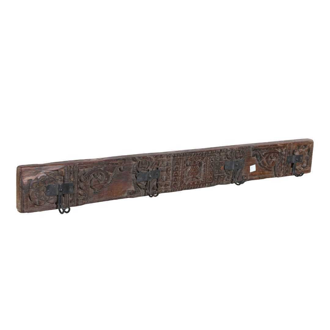 Antique Deep Cocoa Teak & Black Iron Coat Hook Panel, Vintage Indian Carved Wall Rack, 116cm