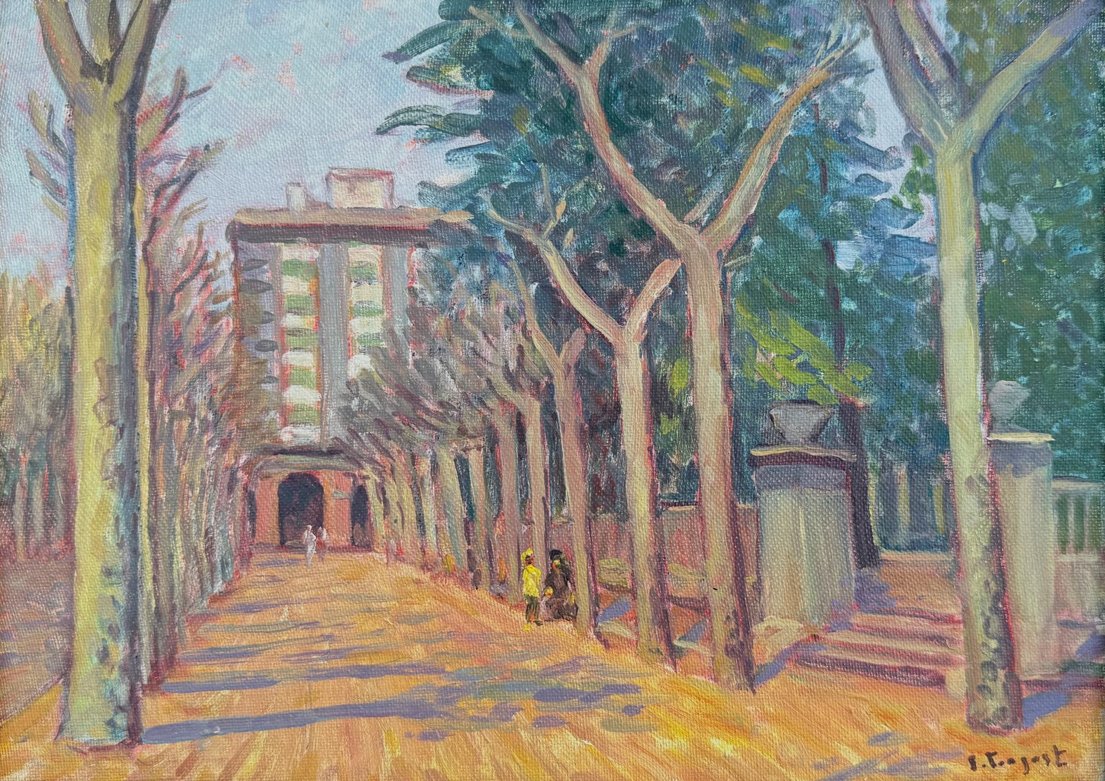 Park In A Catalan City Oil Painting Spanish Cityscape