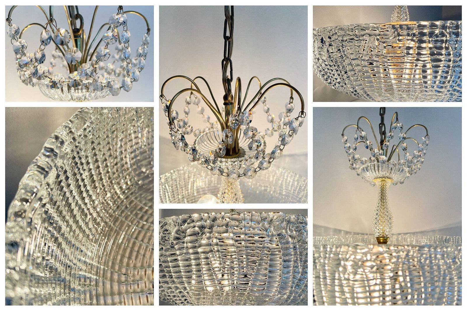 Vintage Luxury Chandelier Lamp – Brass, Crystal – Kalmar – Orrefors – Fagerlund  – Regency – 60/70's photo vinterior