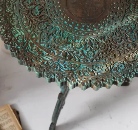 Oriental Little Round Table | Carved, Hand Painted Patina | Blue, Teal photo for sale