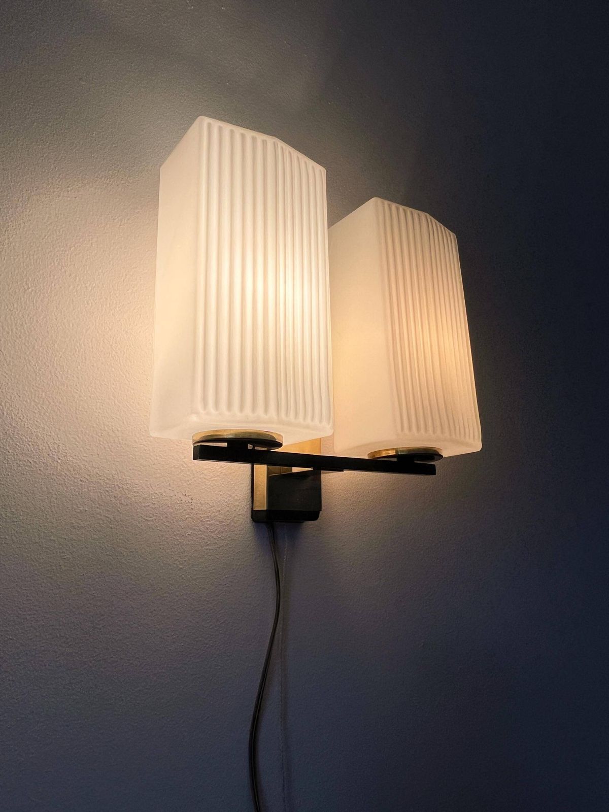 Vintage Wall Lamp With Opal Glass Shades   Brass, Glass   Europe   60s