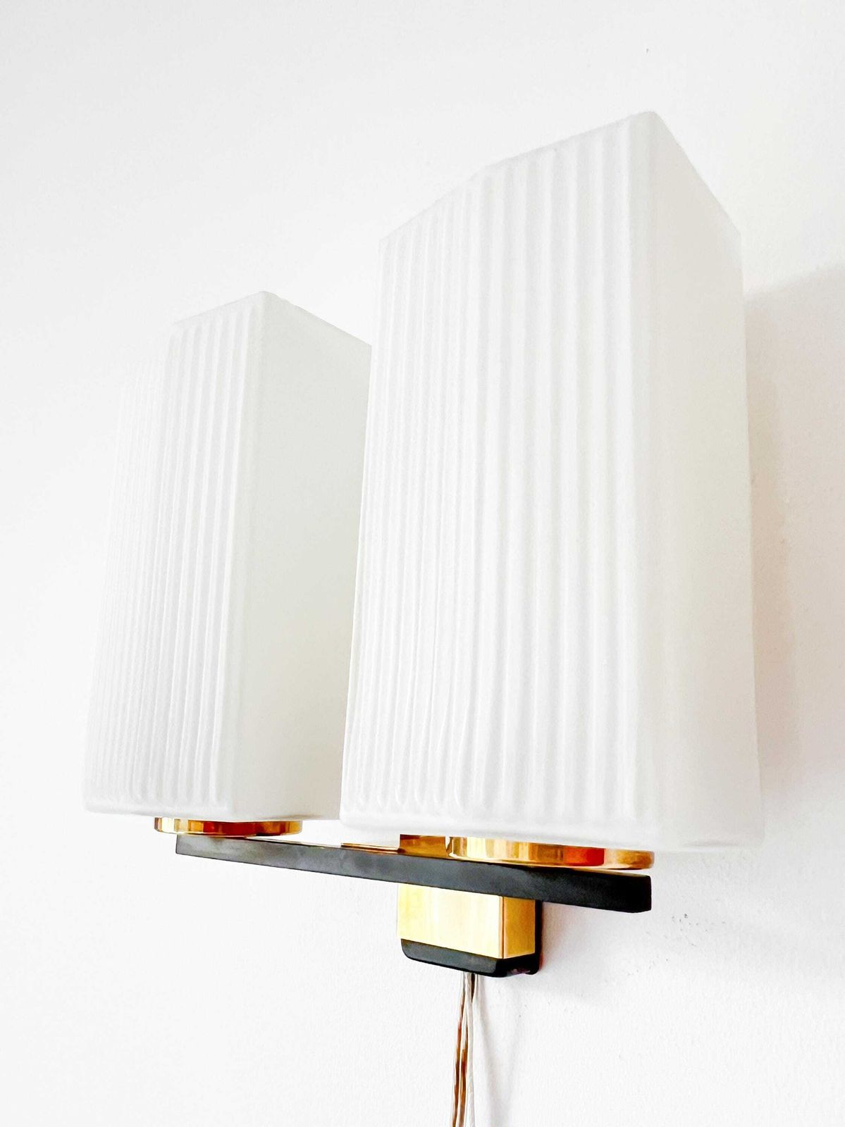 Vintage Wall Lamp With Opal Glass Shades   Brass, Glass   Europe   60s photo for sale