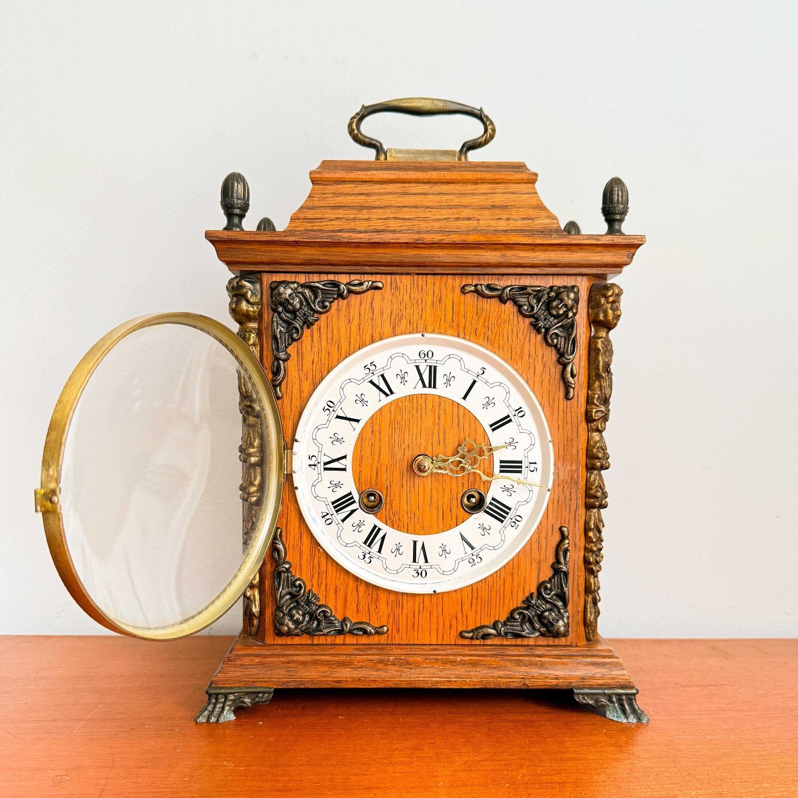 Vintage Fhs / Franz Hermle Tafelklok Met 3 Staafgong | Bolle Glasplaat | Messing, Glas, Hout | Mid Century photo 375.0