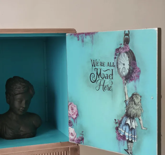 Drinks Cabinet, Hand Painted In Pink And Blue Interior With Alice In Wonderland Transfer Inside photo Furniture