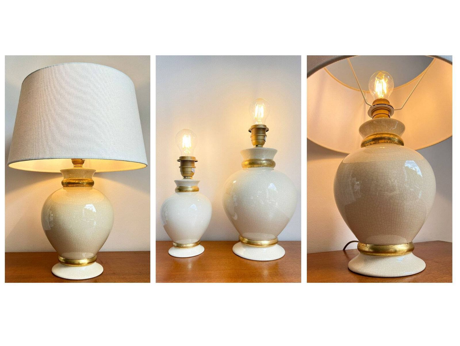 Vintage 'Maison Le Dauphin' – Set Of 2 Table Lamps – Ceramic Crackle Ivory / Gold – French Design photo Lighting