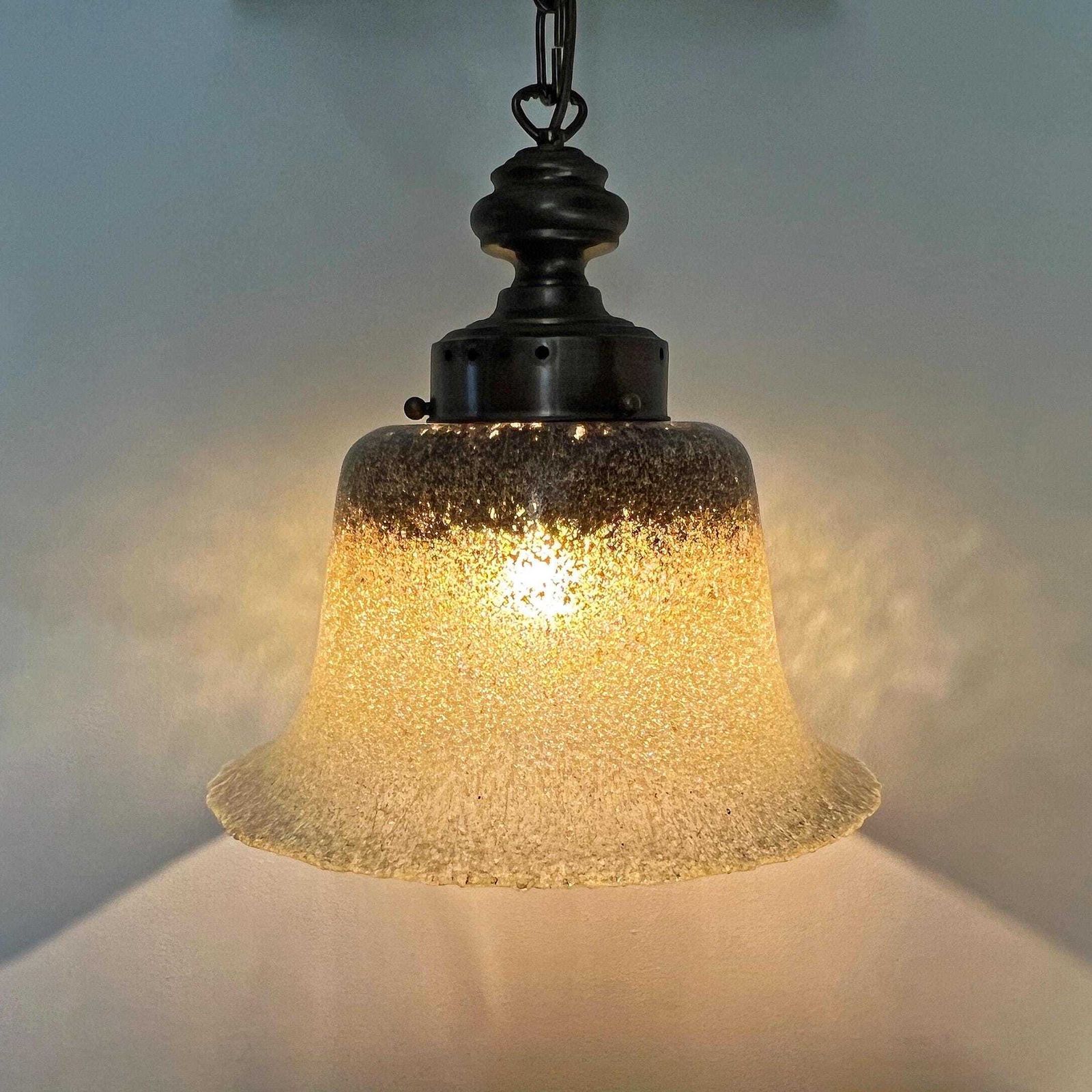 Vintage Peill+Putzler Hanglamp – Messing, Mondgeblazen Glas – Jaren 70 – Duitsland – Murano – Daylily – Mushroom