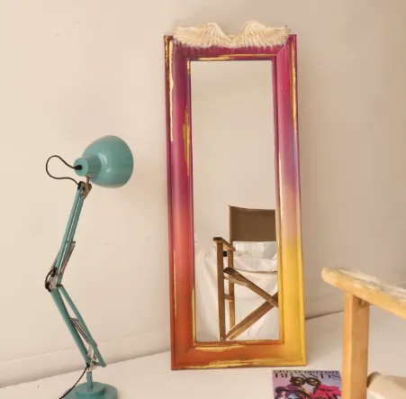 Floor Mirror With Wings, Gold Accents, Quirky, Colourful, Hand Painted, Pink