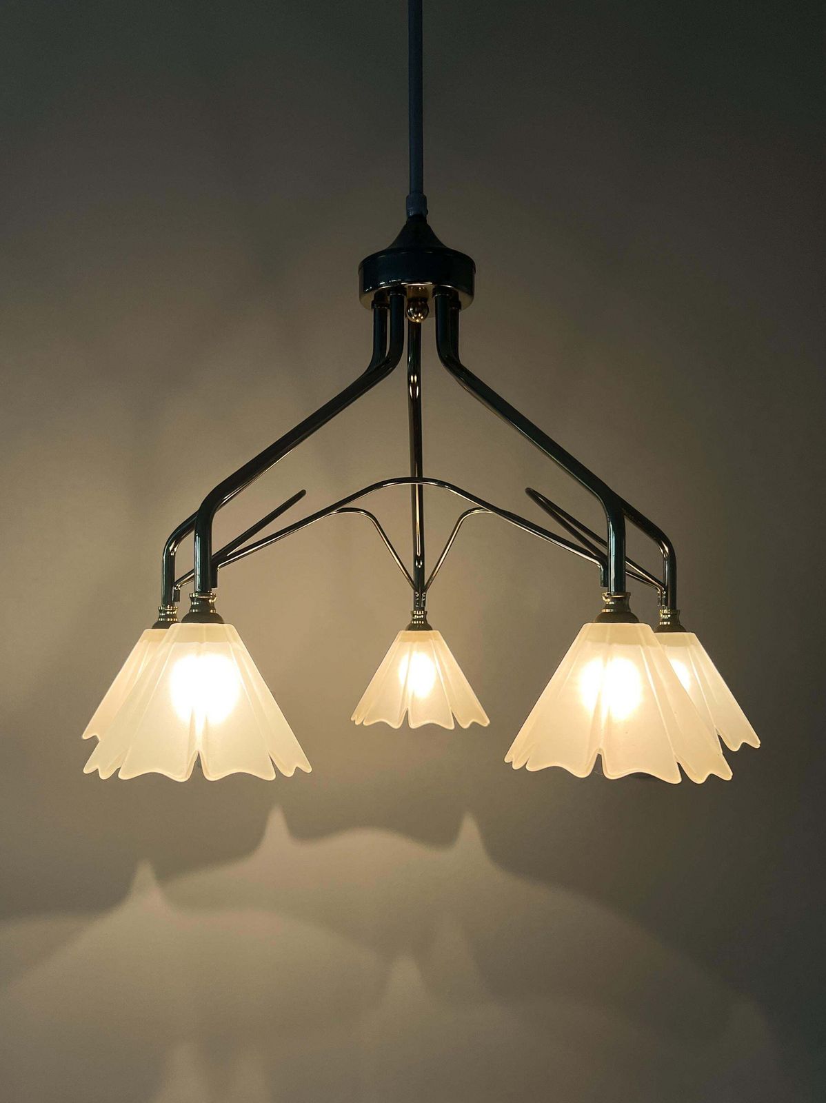 Vintage Chandelier / Ceiling Lamp By Massive   Belgian Design   Brass, Bronze, Glass   Mid Century