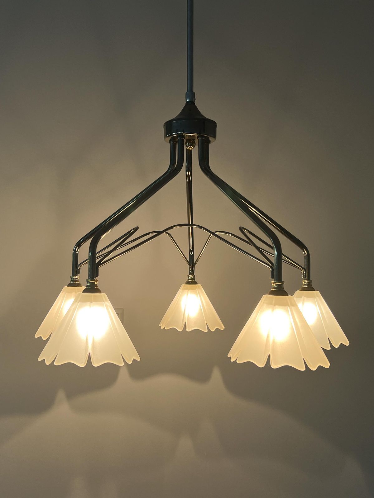 Vintage Chandelier / Ceiling Lamp By Massive   Belgian Design   Brass, Bronze, Glass   Mid Century photo vinterior