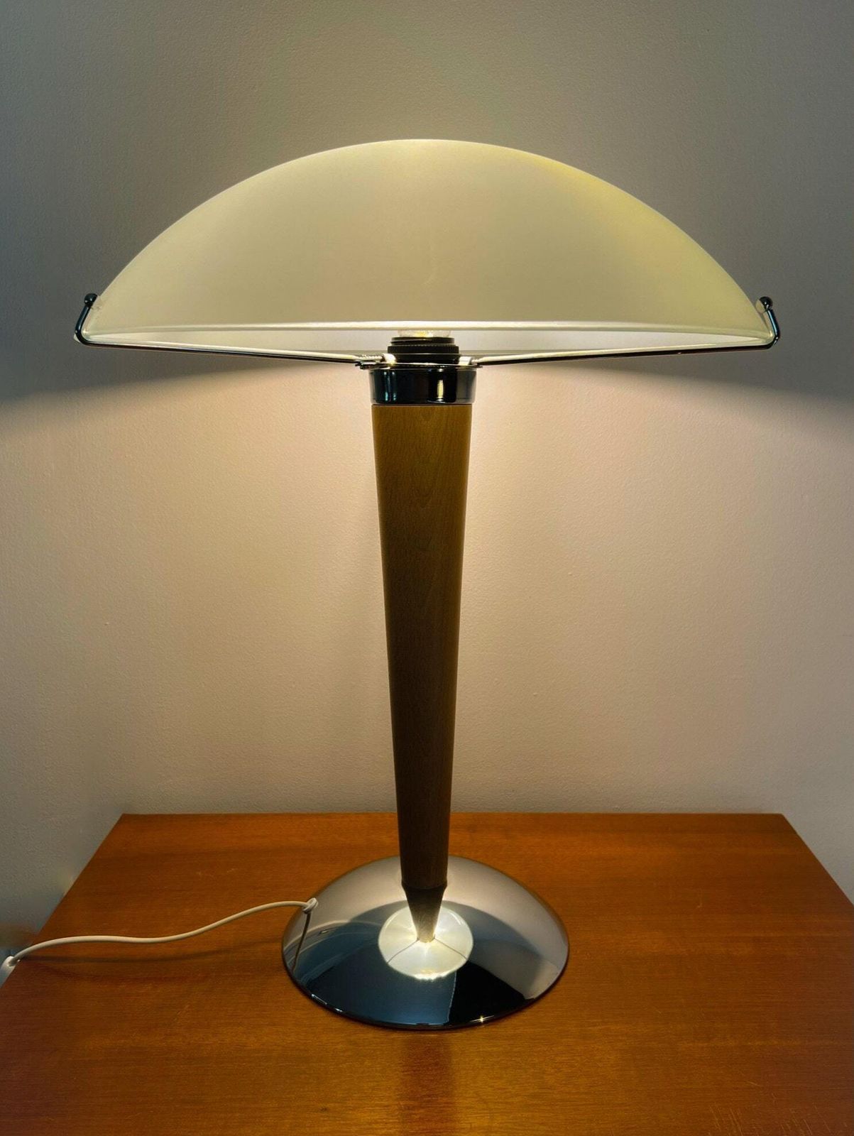 Ikea Kvintol 90s Table Lamp – Frosted Glass, Wood, Chrome – Space Age – Mushroom