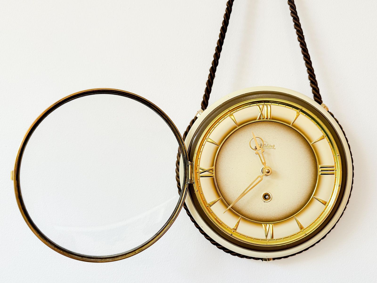 Vintage Kaiser Wandklok   Messing, Glas   Bolle Glasplaat   Duits Design   Mid Century   Kienzle   Hermle   Fhs   Maritiem   Nautisch photo for sale