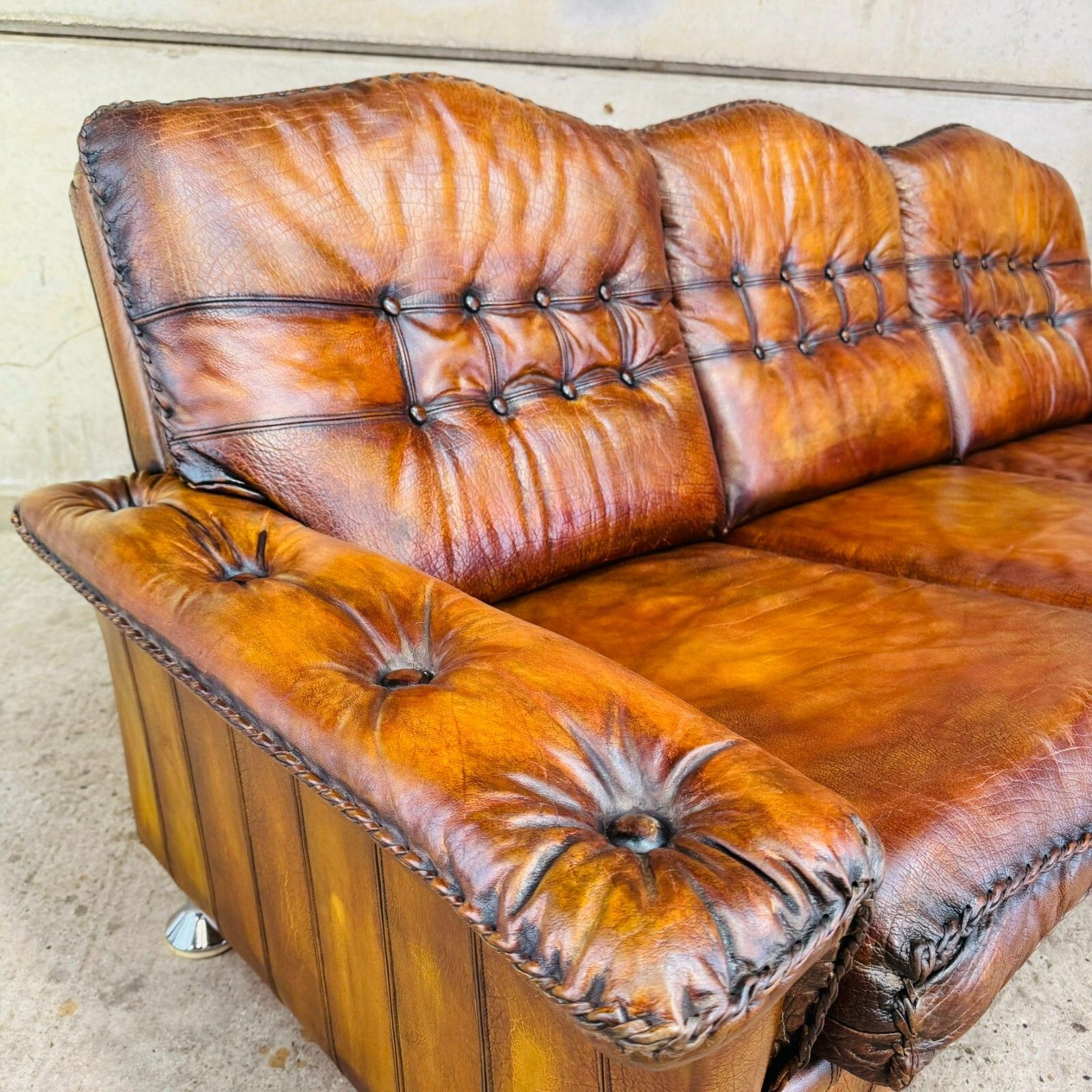 1970s Danish Rustic Tan Leather 3 Seater Sofa – Full Grain Buffalo #A597 photo vintage