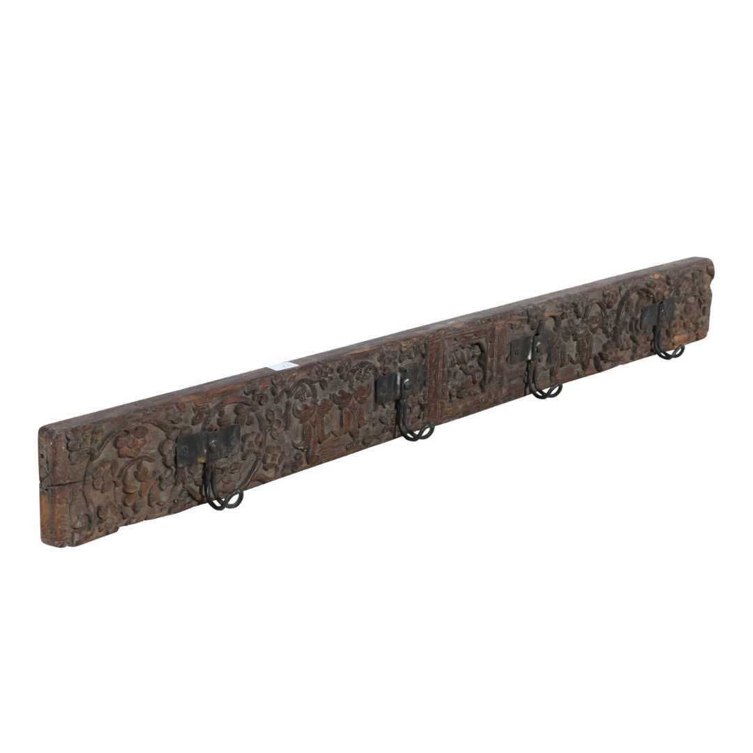 Antique Deep Umber Teak & Black Iron Coat Hook Panel, Vintage Indian Carved Wall Rack, 105cm