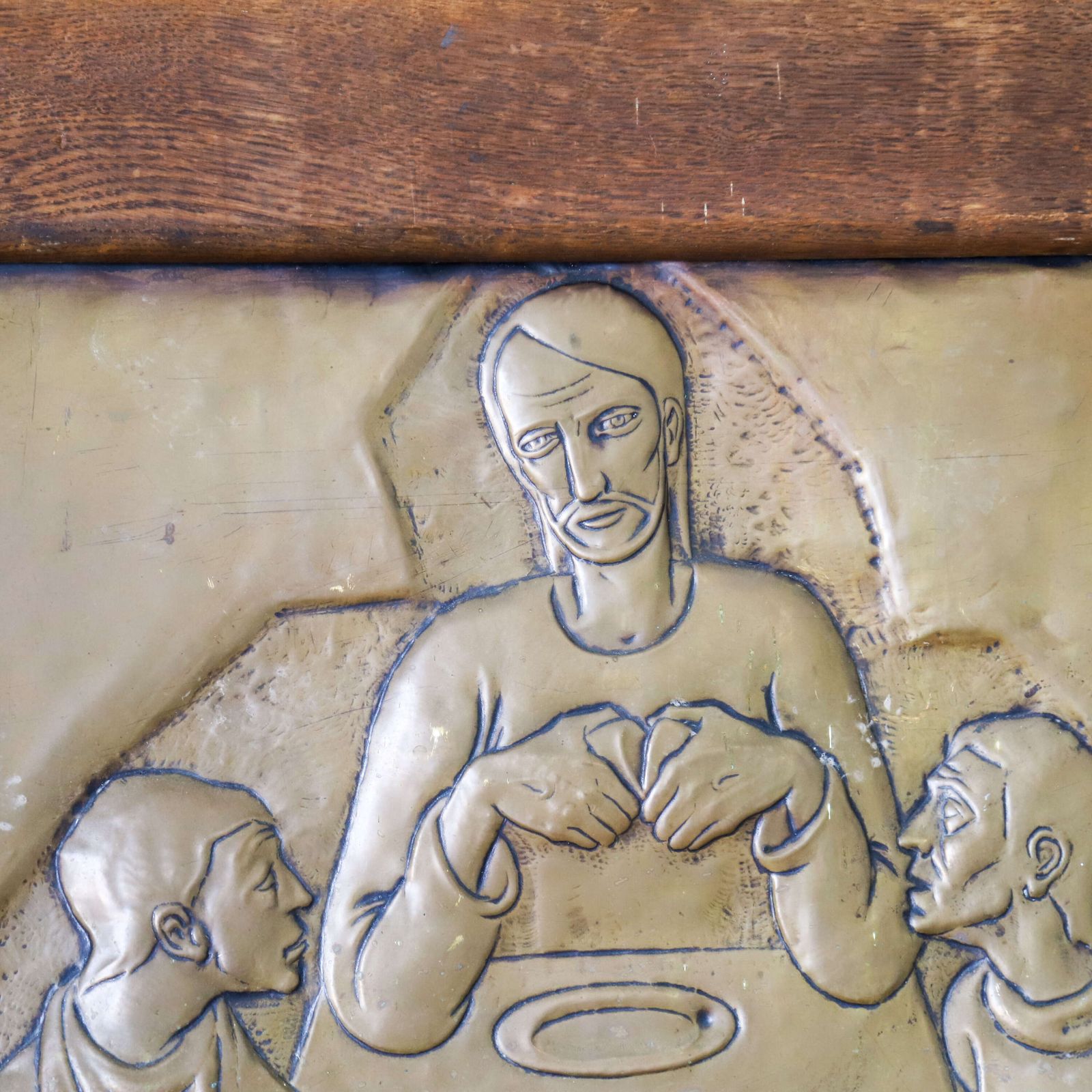Exquisite Early 20th Century Brass Relief By J. Gillain: Tribute To Christ & Communion photo vintage