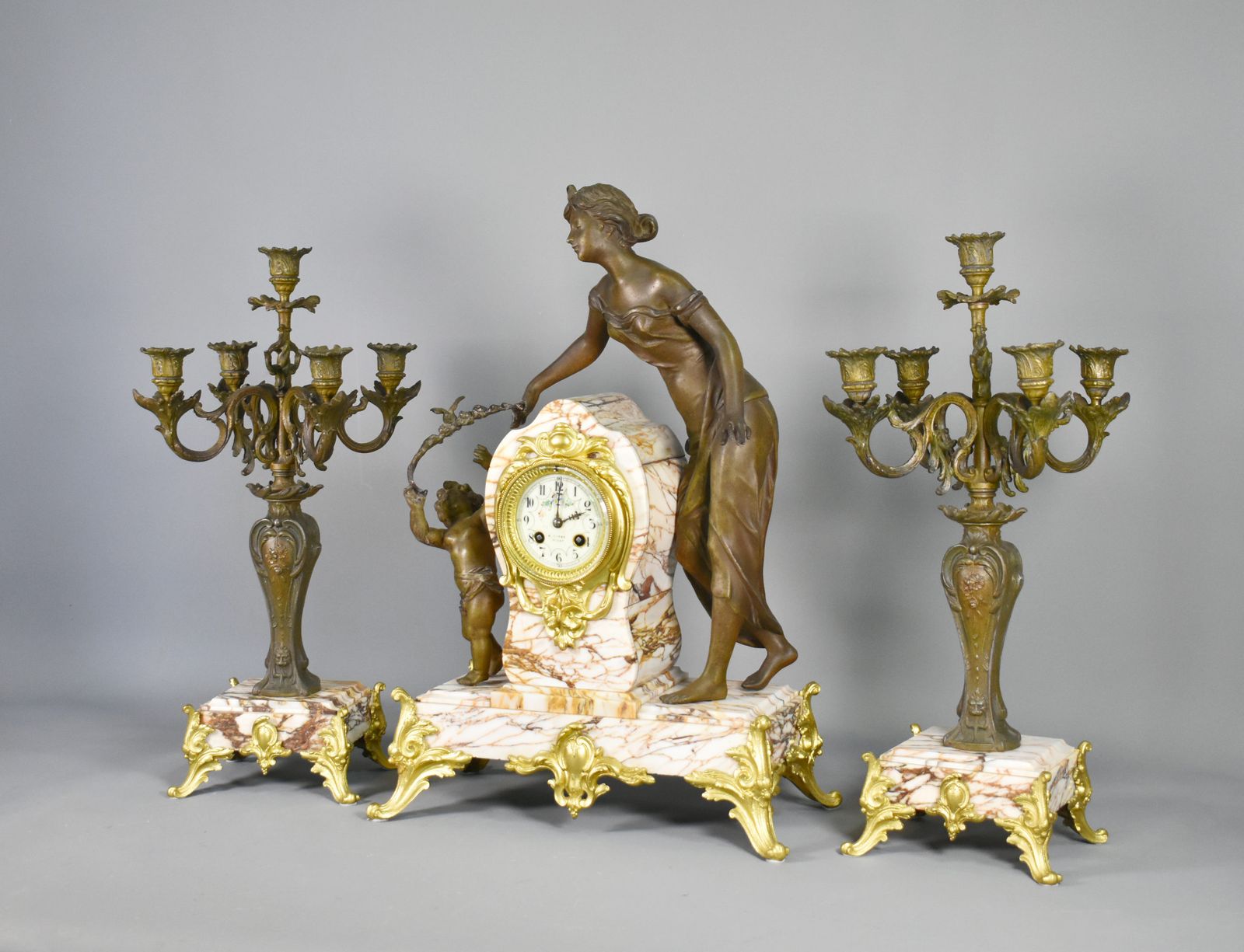 Large French Art Nouveau Mantel Clock And Garniture photo for sale
